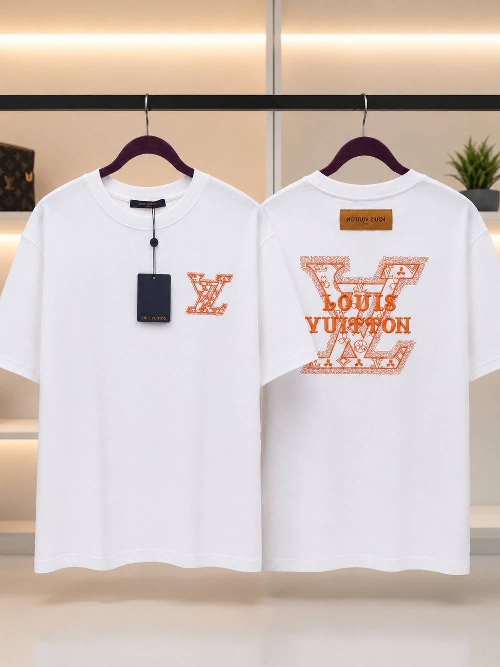 Louis Vuitton White Short Sleeve T‑Shirt with Orange Monogram